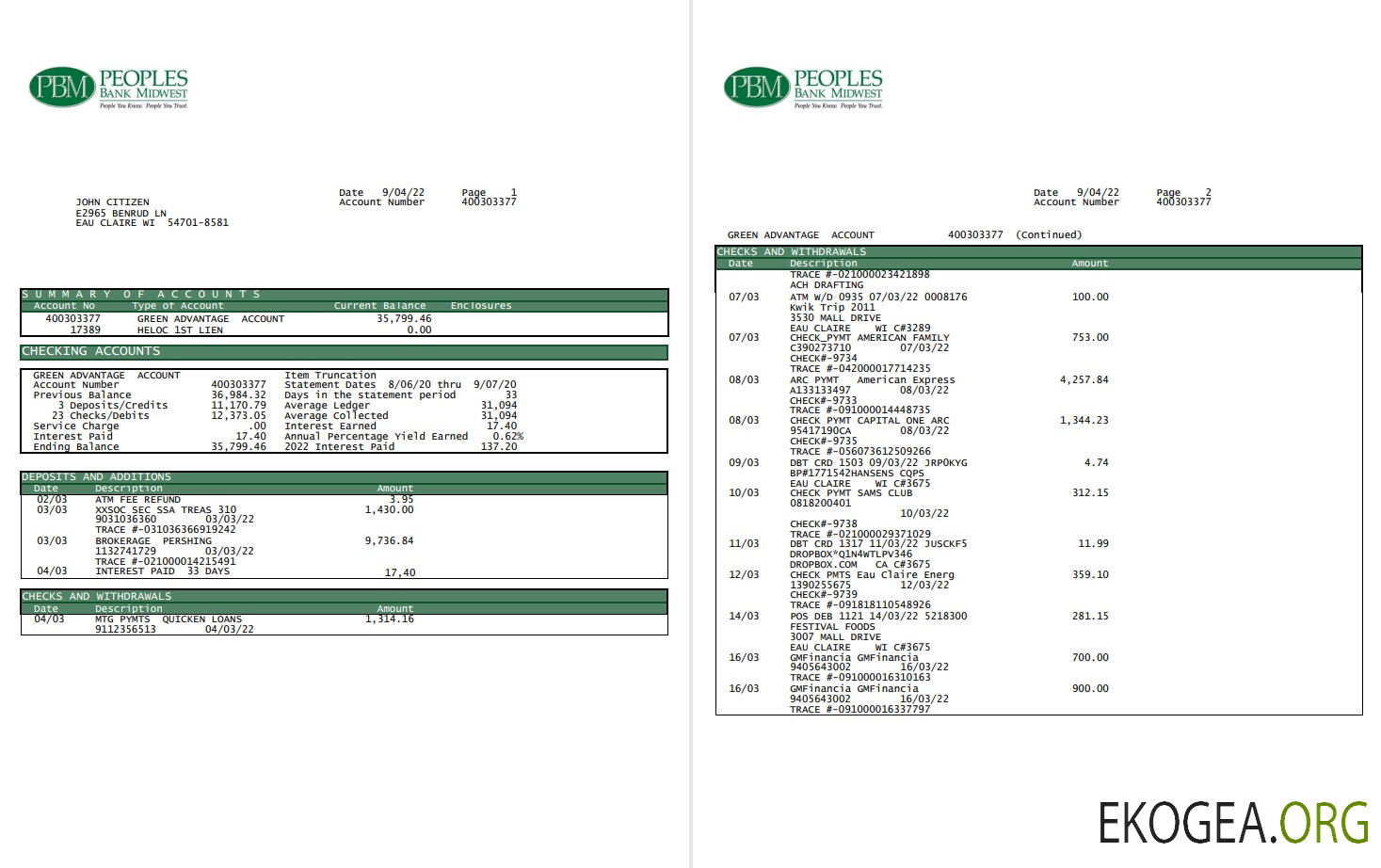Relevé bancaire USA Peoples Bank Midwest (PBM) 5 pages